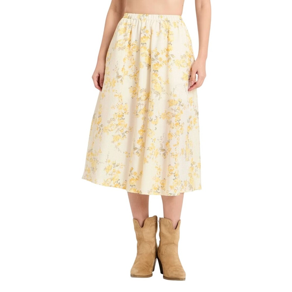 A New Day Women's White Yellow Floral Elastic Waist Pull On Midi Skirt Size XS